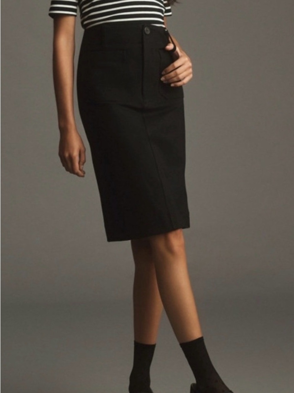 Maeve Anthropologie Black Colette Utility Midi Skirt Patch Pockets Stretch Sz S